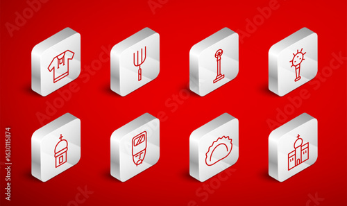 Set line Church building, Garden pitchfork, Monument of Independence, Mace, Dumplings, Embroidered shirt, Ukrainian cossack and tower icon. Vector