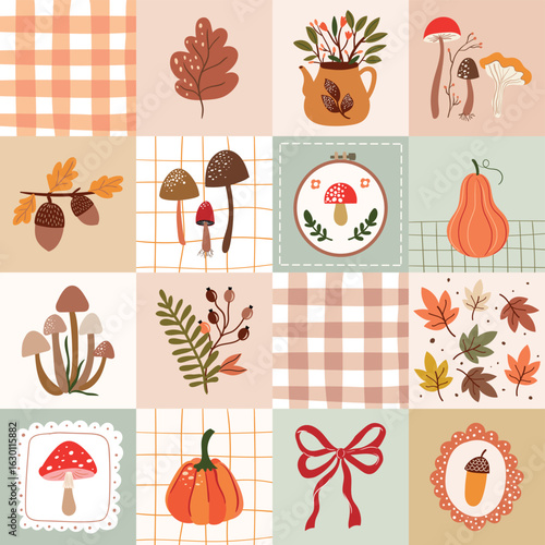 Autumn seamless pattern with seasonal elements, pumpkins, mushrooms and plants, vintage wallpaper, coquette background