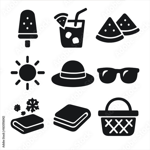 Watermelon Summer Delights. Solid, filled icons set of watermelon cooling treats: watermelon popsicle, chilled