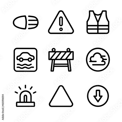 Fog Safety Icons. Outline icon set of fog warning and safety: fog light, hazard sign, slow zone, reflective vest, road barrier,
