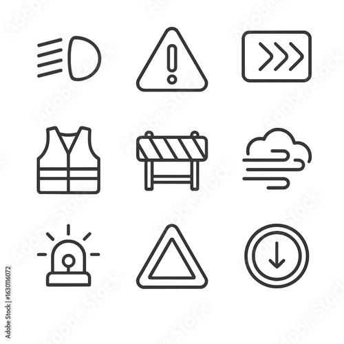 Fog Safety Icons. Outline icon set of fog warning and safety: fog light, hazard sign, slow zone, reflective vest, road barrier,