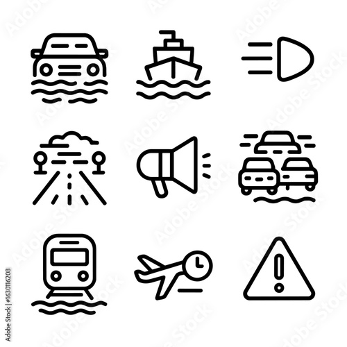 Fog Transportation Icons. Outline icon set of fog in transportation: car in fog, ship in mist, fog lights, runway lights, fog horn