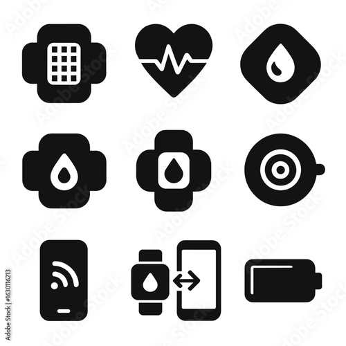 Wearable Health Monitors. Solid, filled icons set of wearable nano-health monitors: nanosensor patch, heart