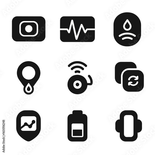 Wearable Health Monitors. Solid, filled icons set of wearable nano-health monitors: nanosensor patch, heart