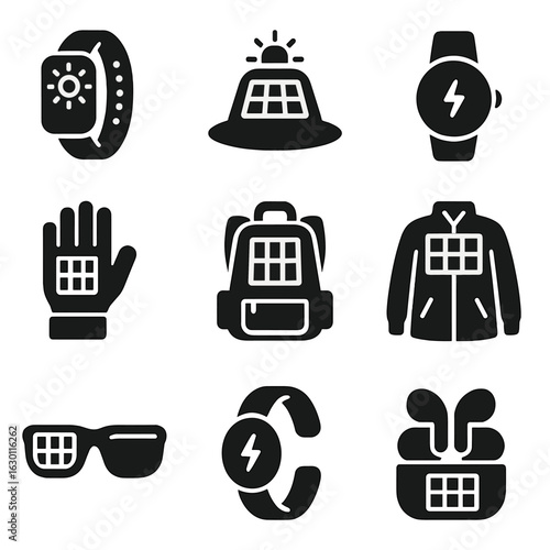 Wearable Renewable Tech Icons. Solid, filled icons set of wearable renewable tech: solar-powered fitness