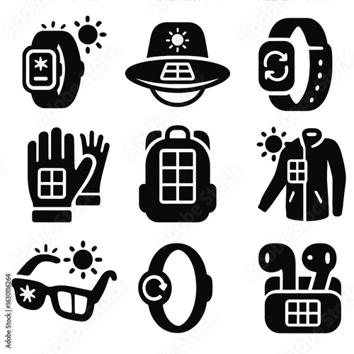 Wearable Renewable Tech Icons. Solid, filled icons set of wearable renewable tech: solar-powered fitness