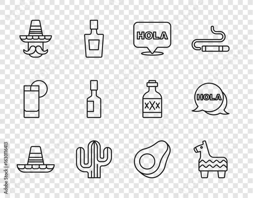 Set line Mexican sombrero, Pinata, Hola, Cactus, man, Tabasco sauce, Avocado fruit and icon. Vector