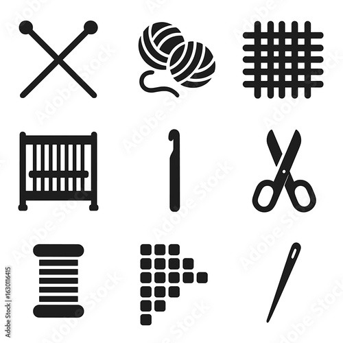Weaving and Knitting Icons. Solid, filled icons set of weaving and knitting home textiles: knitting needles,