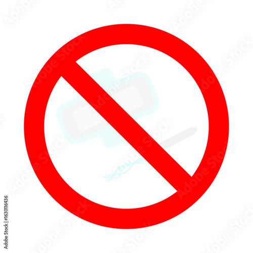Banned throw in toilet pad and tampon, sign tampon throw in toilet, warning no pad, discard napkin, prohibition vector illustration
