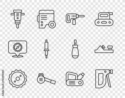 Set line Circular saw blade, Construction stapler, Electric drill machine, Leaf garden blower, jackhammer, Soldering iron, planer tool and Wood icon. Vector