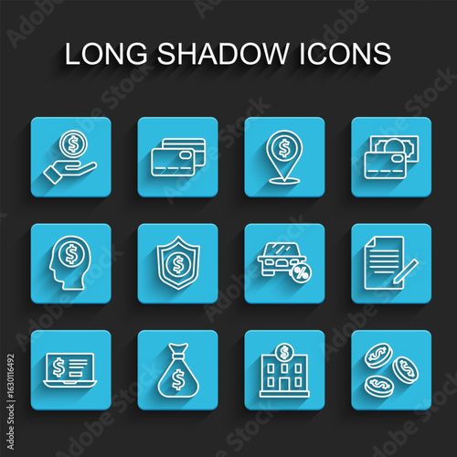Set line Laptop with dollar, Money bag, Hand giving money, Bank building, Coin, Shield, Document pen and Car leasing percent icon. Vector