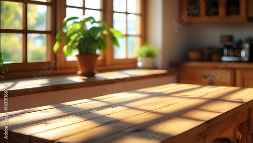 A close-up, warm image of a wooden kitchen counter with a small green plant in a pot.