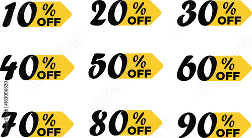 Modern graphic design showcasing various percentage discount symbols and numbers in a vibrant color palette ideal for retail promotions and sales advertising