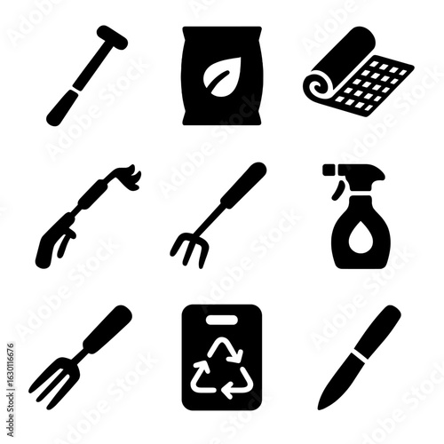 Weeding Tools Grid. Solid, filled icons set of low-impact weeding tools: wooden-handled hoe, bio-compost weed