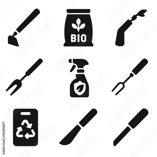 Weeding Tools Grid. Solid, filled icons set of low-impact weeding tools: wooden-handled hoe, bio-compost weed