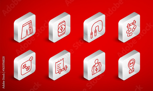 Set line Location gym, Energy drink, Jump rope, Sports doping with dumbbell, Bodybuilder, Short pants, training program and Fitness app icon. Vector