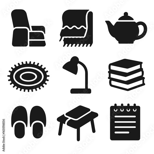 Weekend Reading Icons. Solid, filled icons set of weekend reading nooks: recliner chair, warm blanket, tea pot
