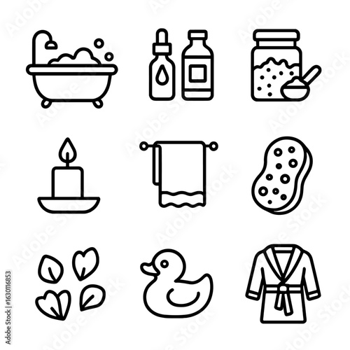 Wellness Bath Icons. Outline icon set of wellness bath routine: bathtub, essential oils, bath salts,