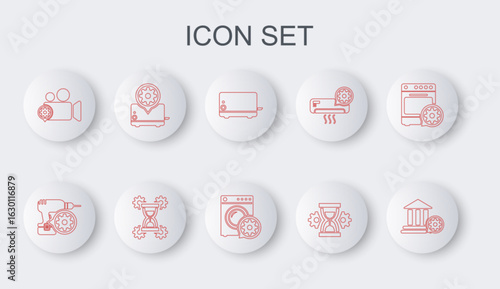 Set line Bank building setting, Drill machine, Toaster, Hourglass, Video camera, and Washer icon. Vector