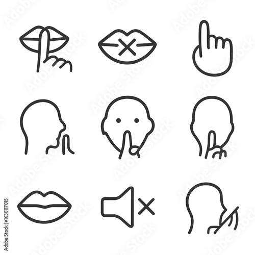 Silence Gesture Icons. Outline icon set of silence gesture: shushing finger, mute lips, crossed lips icon, quiet sign hand, index