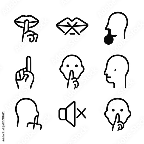 Silence Gesture Icons. Outline icon set of silence gesture: shushing finger, mute lips, crossed lips icon, quiet sign hand, index
