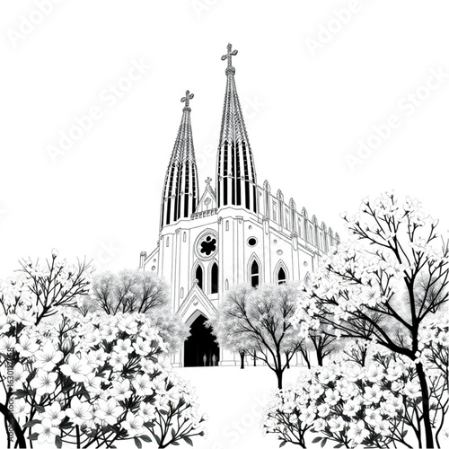 Sagrada Familia surrounded by blooming flowers in Barcelona at the peak of cherry blossom season
