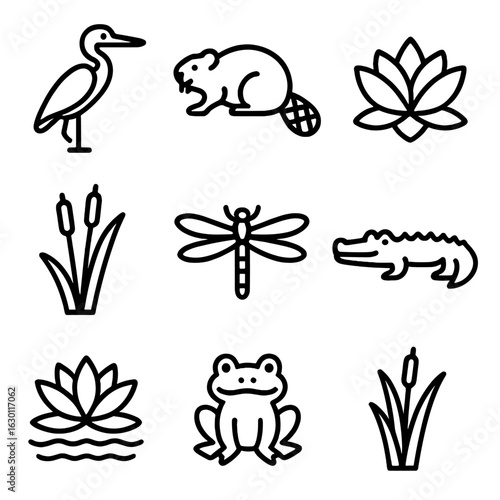 Wetland Biodiversity Icons. Outline icon set of wetland biodiversity: heron, beaver, lotus, cattail, dragonfly
