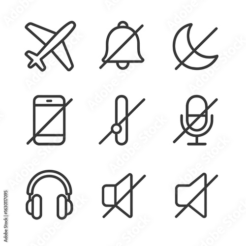 Silence Technology Icons. Outline icon set of silence in technology: airplane mode, silent ringer, do not disturb, audio off,