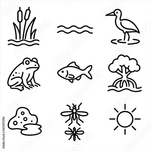 Wetland Ecosystem Icons. Outline icon set of wetland ecosystems: reeds, water, frog, bird, fish, mangrove tree