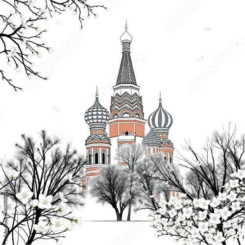 St Basil's Cathedral amid autumn leaves in Moscow under fresh spring blossoms