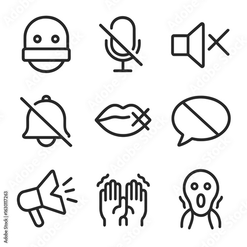 Silent Communication Icons. Outline icon set of muffled shout: gagged face, muted microphone, crossed speaker, silent alarm,