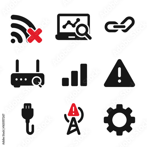 Wi-Fi Troubleshooting Icons. Solid, filled icons set of Wi-Fi troubleshooting: red X on signal, network
