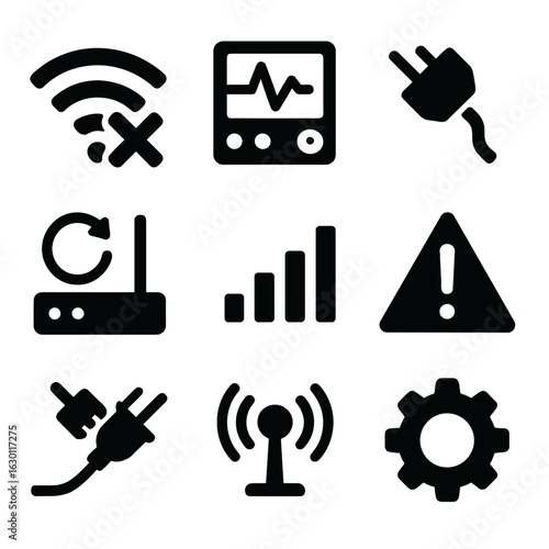 Wi-Fi Troubleshooting Icons. Solid, filled icons set of Wi-Fi troubleshooting: red X on signal, network