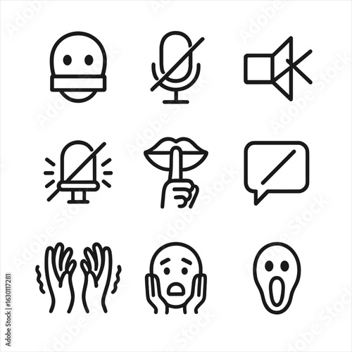 Silent Communication Icons. Outline icon set of muffled shout: gagged face, muted microphone, crossed speaker, silent alarm,