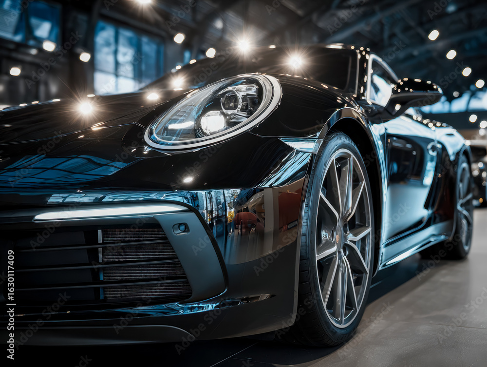 Luxurious black sports car on display in an upscale showroom Luxurious black sports car on display in an upscale showroom