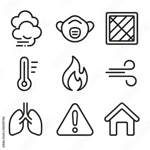 Wildfire Air Quality Icons. Outline icon set of managing air quality during wildfire season: smoke, mask, air