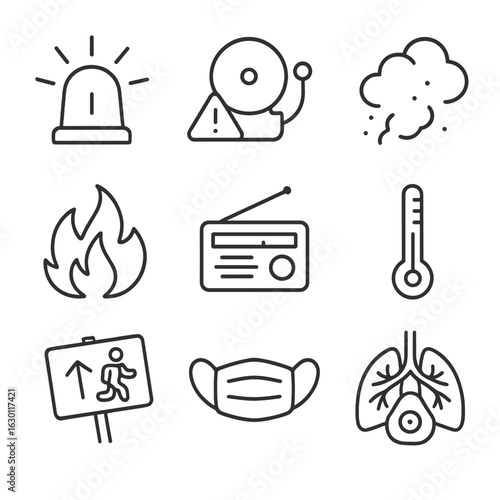 Wildfire Alert Icons. Outline icon set of wildfire season warnings and alerts: siren, alert bell, smoke, fire,