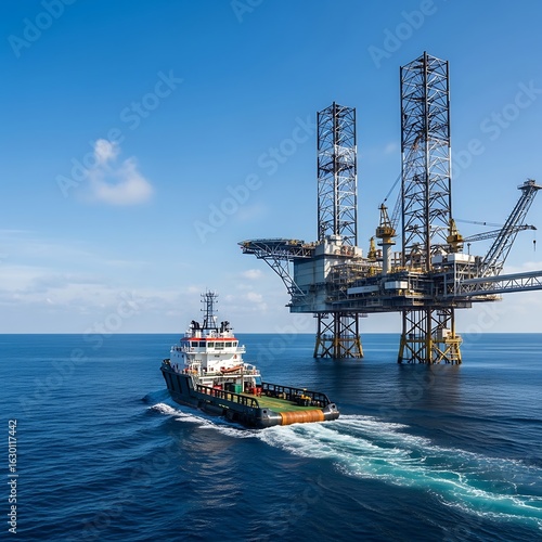 Oil rig and tugboat in open water.