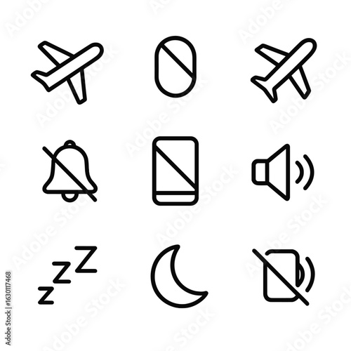 Silent Tech Icons. Outline icon set of silent tech: airplane mode, do not disturb, airplane flying, no notification, silent mode