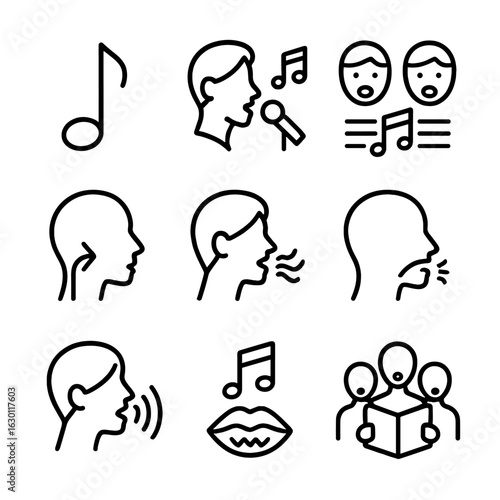Singing Rhythm Icons. Outline icon set of rhythm in singing: melody, vocal harmony, pitch, vibrato, breathing, phrasing, tone,