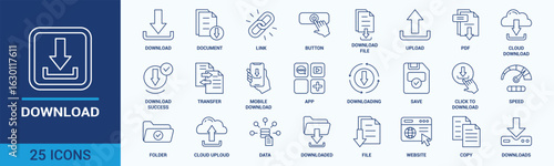 Download icon set. Containing upload, document, link, download file, folder, data and PDF icons. Outline icon collection. Vector illustration.