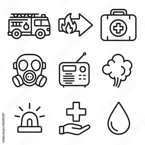 Wildfire Preparedness Icons. Outline icon set of wildfire emergency preparedness: fire truck, evacuation route