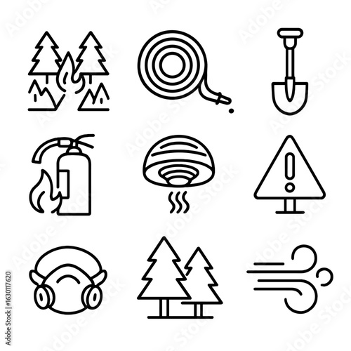 Wildfire Prevention Icons. Outline icon set of wildfire prevention strategies: firebreak, water hose, shovel,