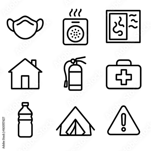 Wildfire Safety Icon Set. Outline icon set of protective measures against wildfire air pollution: mask, air