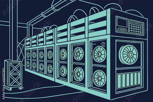 crypto mining farm with machines, vector illustration, dark tech style