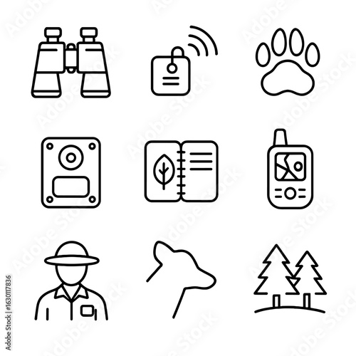 Wildlife Research Icons. Outline icon set of wildlife research: binoculars, tracking device, animal footprint,