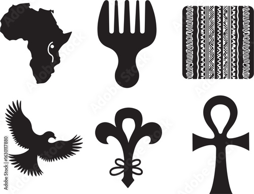 Africa map, eagle, ankh, and cultural symbols collection