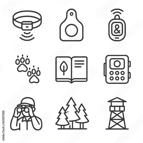Wildlife Tracking Icons. Outline icon set of wildlife tracking: radio collar, animal tag, GPS device, tracking
