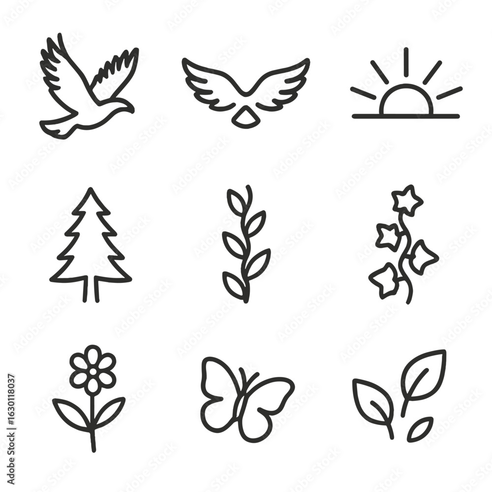 Skyward Nature Icons. Outline icon set of skyward nature: soaring eagle, flapping wings, rising sun rays, tall tree top, ascending Skyward Nature Icons. Outline icon set of skyward nature: soaring eagle, flapping wings, rising sun rays, tall tree top, ascending
