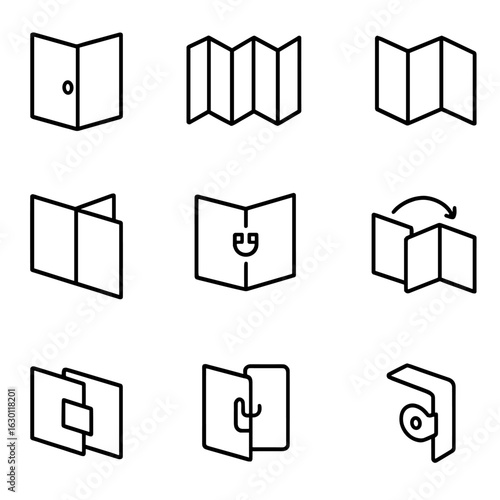 Folding Mechanisms Icons. Outline icon set of folding mechanisms: hinge joint, accordion fold, Z-fold, tri-fold, magnetic fold,